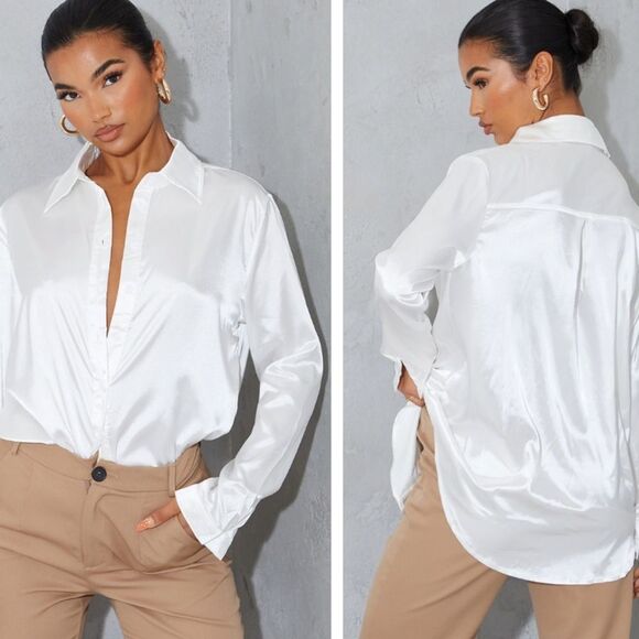 PrettyLittleThing Tops - PRETTYLITTLETHING White Satin Button Front Shirt Size XS White